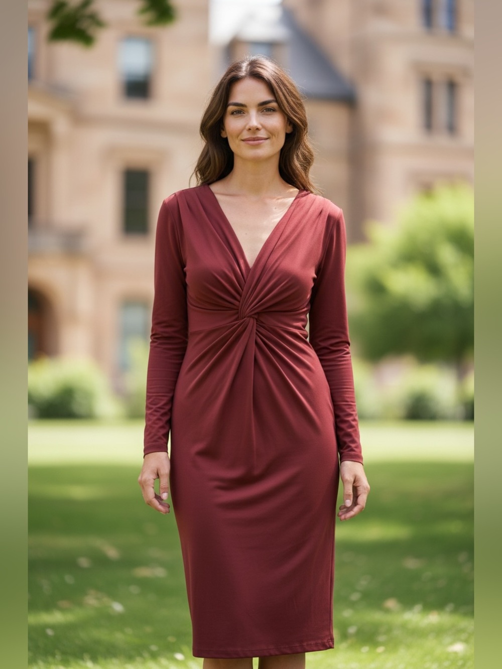 Moda International Long Sleeve Twist-Knot Dress in Wine
